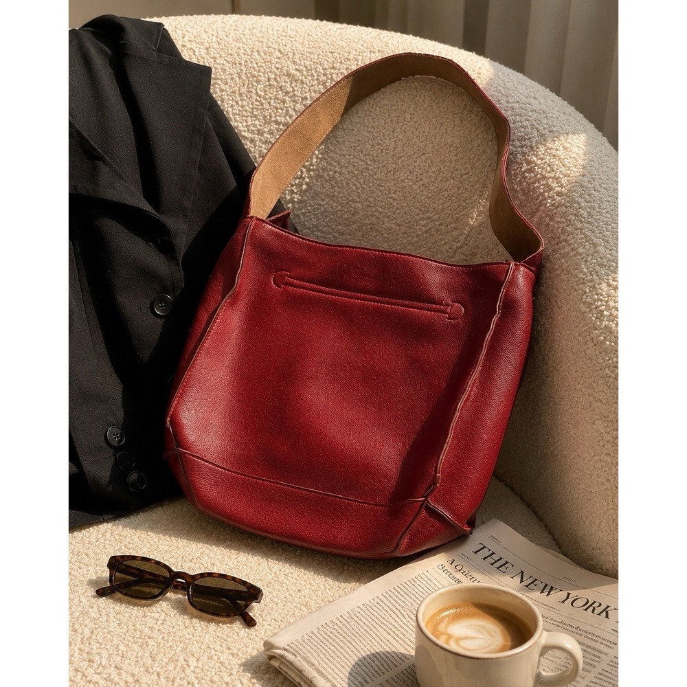 Vintage 90s Cherry Red Leather Hobo Shoulder Bag Minimalist Purse